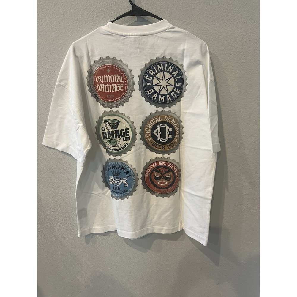 Criminal Damage Beer Bottle Cap Graphic T-Shirt White Men's Large L Streetwear